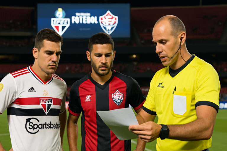 Imagem de capa representando a mudança última hora jogo entre São Paulo e Vitória com troca de árbitro nos bastidores.