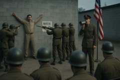 Capa 16:9 sem textos, retratando execução fuzilamento condenado estados em contexto militar