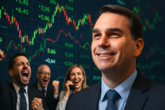 Capa horizontal ilustrando euforia mercado financeiro flu00e1vio, com gráficos ascendentes e cautela sobre ajuste fiscal