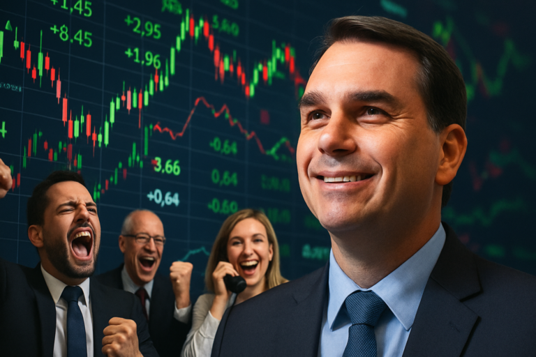 Capa horizontal ilustrando euforia mercado financeiro flu00e1vio, com gráficos ascendentes e cautela sobre ajuste fiscal