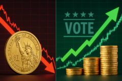 Capa horizontal 16:9 sem textos escritos: dolar registra maior queda semanal, bolsa em alta impulsionada pelas eleições