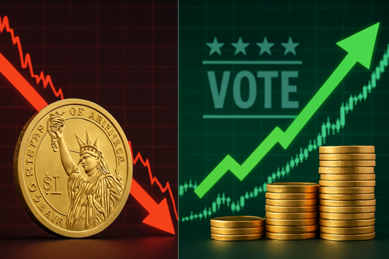 Capa horizontal 16:9 sem textos escritos: dolar registra maior queda semanal, bolsa em alta impulsionada pelas eleições