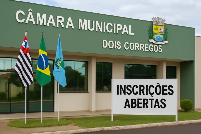 câmara dois córregos sp — capa 16:9, sem textos escritos, divulgando concurso com vagas e salário até R$ 7.114,33.