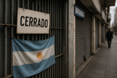 crise economia argentina sob Javier Milei, capa 16:9, sem textos, retrata queda de consumo e fechamento de empresas