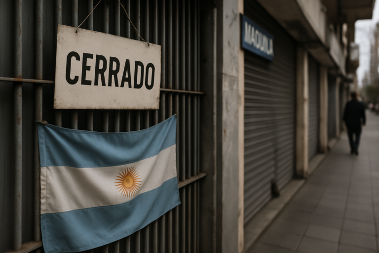 crise economia argentina sob Javier Milei, capa 16:9, sem textos, retrata queda de consumo e fechamento de empresas