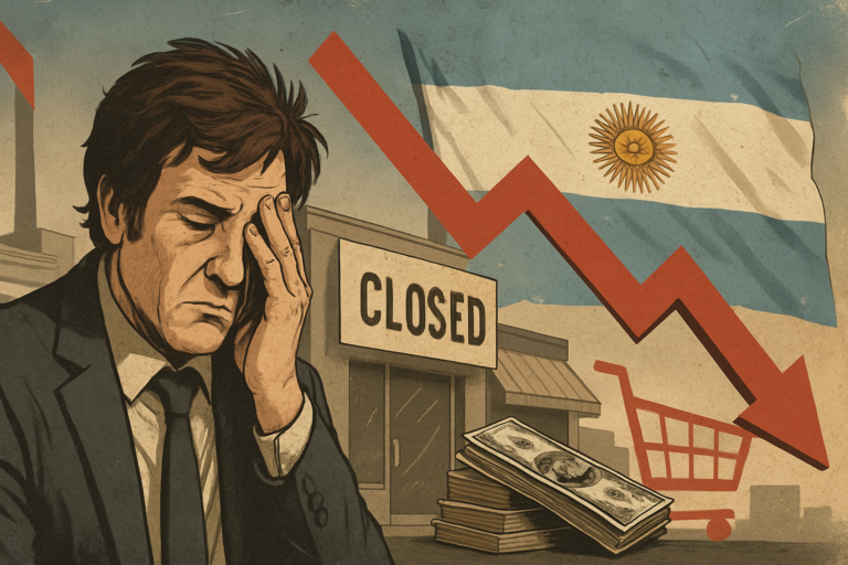 impacto econômico argentina sob Milei: capa horizontal sem textos, sugerindo queda de empresas e pressão de consumo
