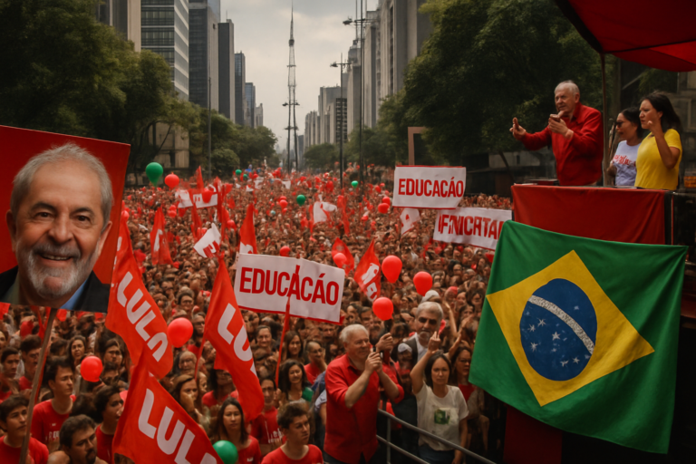 Imagem de avenida paulista lotada ato: multidão em São Paulo com foco em educação e futuro mandato de Lula.