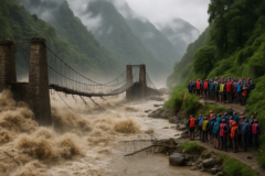 Imagem de capa representando a forte enchente nepal arrasta pontes históricas e turistas estrangeiros ilhados em Gorkha.