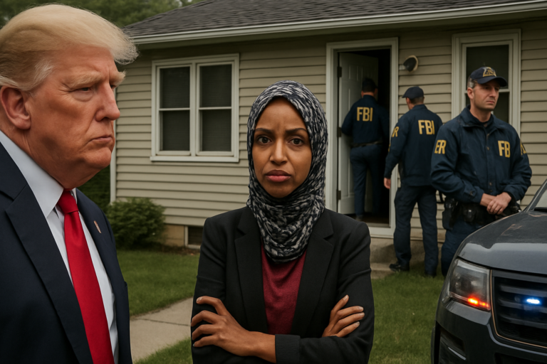 Capa com imagem ilustrando governo donald trump faz operação na casa de Ilhan Omar, alegação de fraude imigratória.