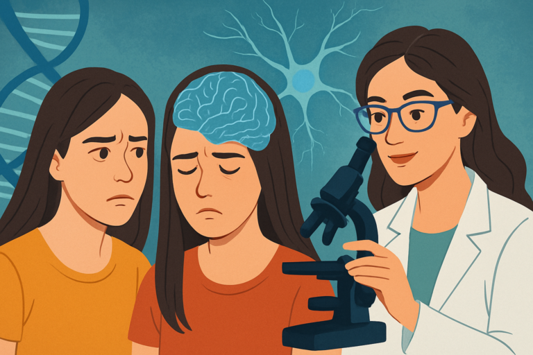 Capa 16:9 com símbolos científicos sobre esquizofrenia e genética, destacando que só minha irmã