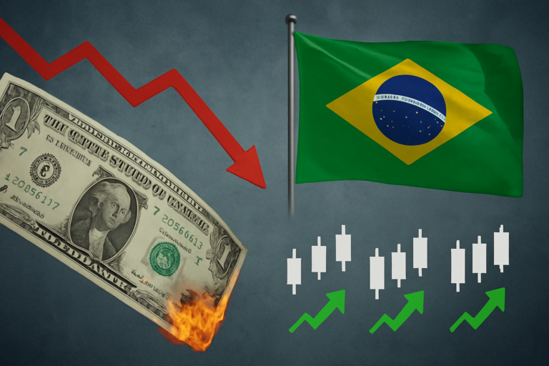 Capa horizontal 16:9 sem textos, ilustrando queda dolar apos eleicoes e movimento de mercado com quatro acoes promissoras para o real