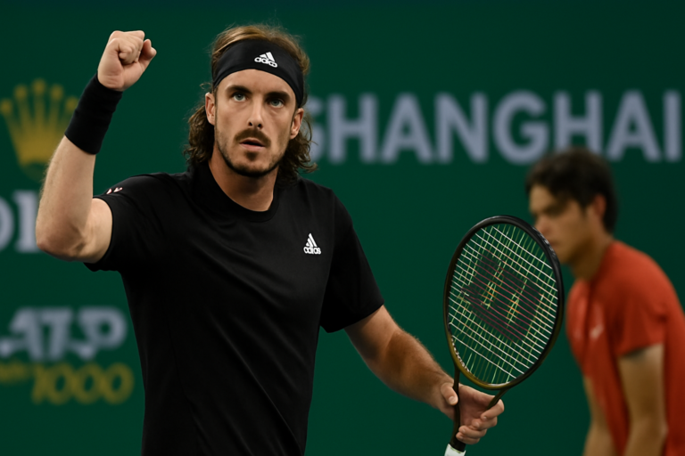 Imagem de capa horizontal com stefanos tsitsipas manda forte após vitória sobre Taylor Fritz no Masters 1000 de Xangai.