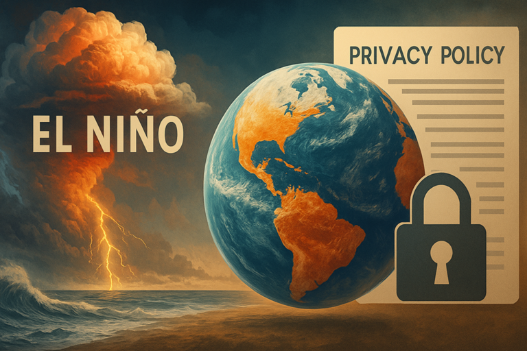Capa horizontal com pico el niño tem, destacando impactos climáticos fortes e novidades na privacidade, sem textos