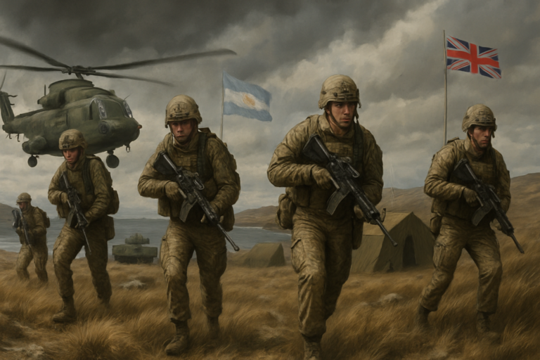 Capa com o tema treinamento militar secreto ilhas, mostrando tensão entre Argentina e Reino Unido.