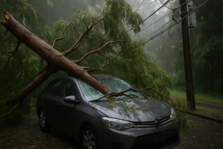 Imagem de capa com chuva forte derruba árvore sobre carro, atingindo rede elétrica em Belo Horizonte.