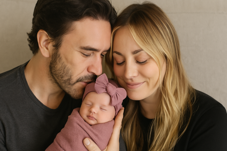 Capa horizontal 16:9 com kaley cuoco estrela the, retratando anúncio de nascimento da filha Philomena