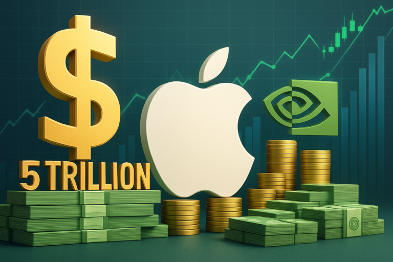 Capa horizontal 16:9 sem textos, ilustrando apple alcança us 5 e liderança da Apple após Nvidia