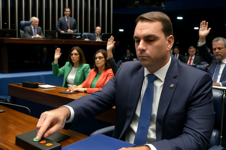 Capa horizontal 16:9, sem textos escritos, sugerindo flávio bolsonaro cede à pressão e vota a favor da PEC 6×1