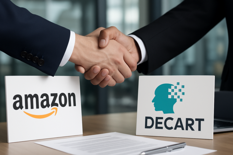 Capa horizontal com ilustrações destacando amazon negocia compra startup e impacto no mercado tecnológico global