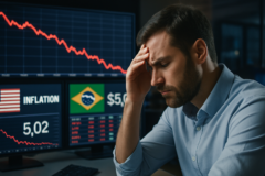 Capa visual com ibovespa fecha negativo pressionado, queda de ações, dólar em alta e inflação.