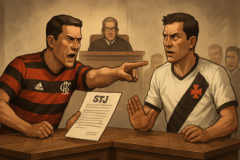 Capa horizontal 16:9 representando flamengo ataca vasco petição no STJ, com foco na polêmica sobre o Maracanã.