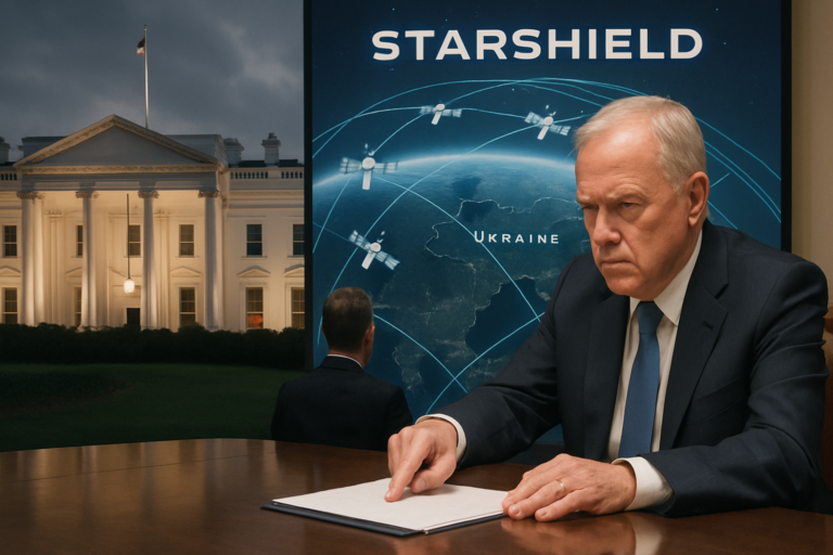 Capa horizontal 16:9 sem textos, ilustrando a ordem limitar satélites starshield e as informações oficiais.