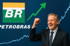 Capa horizontal 16:9, sem textos escritos, com gráficos de ações destacando petrobras bate recorde histórico na B3 em 2026.