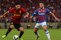 Capa horizontal 16:9 com ilustração da decisão série b sport entre Sport e Fortaleza, destacando disputa no Disney+.