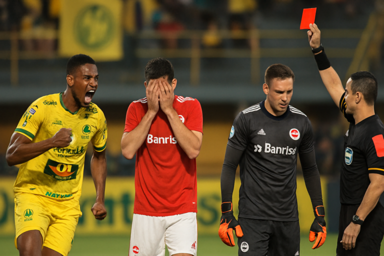 inter sofre derrota dura diante do Mirassol, capa horizontal sem textos, com goleiro expulso e risco de rebaixamento
