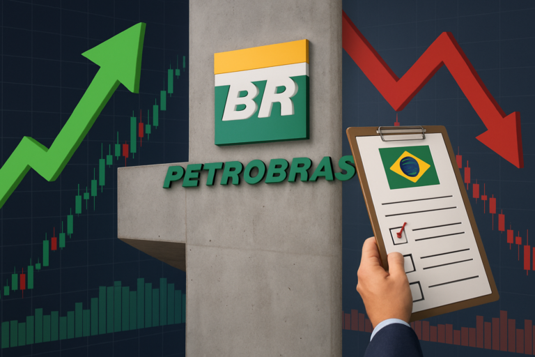 Capa horizontal 16:9 ilustrando ibovespa sobe impulsionado pela Petrobras com foco em pesquisas eleitorais