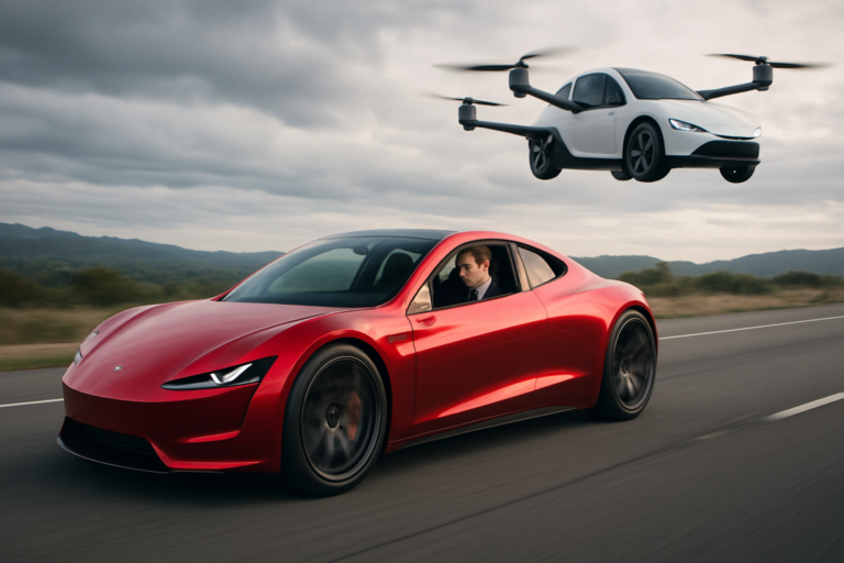 Imagem de capa horizontal 16:9 com tesla roadster carro voador em destaque, enfatizando o valor percebido.