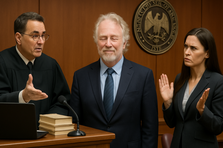 Capa horizontal 16:9 com juiz rejeita acusações contra Timothy Busfield, apontando falhas da promotoria no Novo México
