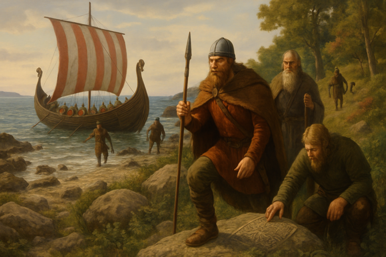 Capa horizontal 16:9 sem textos: vikings chegando à América 500 anos antes, muito antes colombo surpreendente