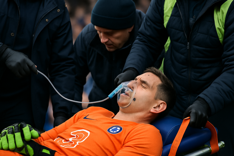 Imagem de goleiro dibu martínez chelsea recebendo oxigênio após choque na cabeça, imobilizado e sendo levado ao hospital.