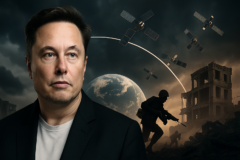 Capa horizontal 16:9 com foco em elon musk pode desligar, Starlink e o impacto de satélites nos conflitos modernos