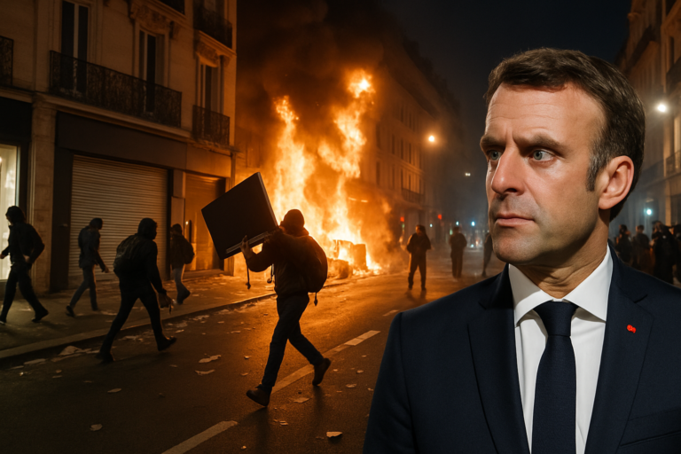 Imagem de capa (16:9) destacando macron condena violência desenfreada durante protestos na França.