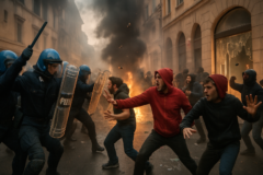 Capa horizontal 16:9 com protestos violentos avançam itália, confronto policial nas ruas e vitrines quebradas