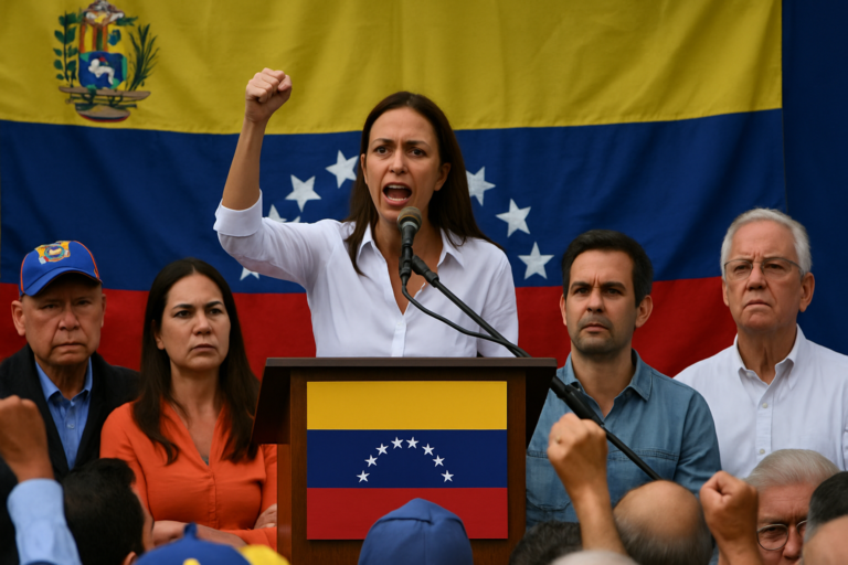 Capa horizontal 16:9 sem textos, retratando a crise venezuela oposição venezuelana e a liderança de María Corina Machado.