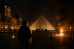 Capa horizontal 16:9 ilustrando o museu louvre fecha portas em Paris após protestos, com prisões e tensão política.