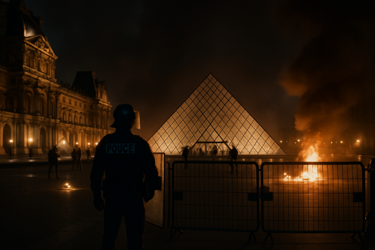 Capa horizontal 16:9 ilustrando o museu louvre fecha portas em Paris após protestos, com prisões e tensão política.
