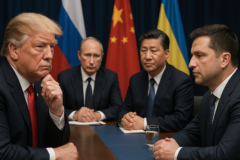 Capa horizontal sem textos, representando trump cogita cúpula histórica com Rússia e China para desarmamento nuclear.