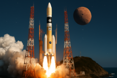 missão histórica japão lança — capa com foguete H3 e sonda MMX para coletar amostras da lua de Marte