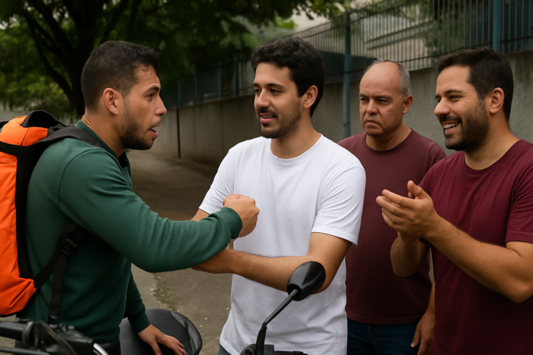 entregador reage assalto agradece: capa 16:9 sem textos, retrata entregador agradecendo moradores em Belo Horizonte
