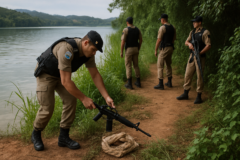 polícia militar procura homens em Betim junto à Lagoa, capa 16:9, sem textos.