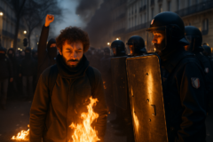 Capa horizontal 16:9 com a imagem que violentos protestos frança ilustram o tema, sem textos