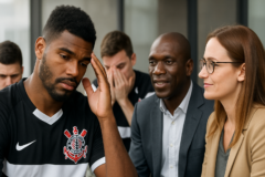 hugo souza admite que Corinthians ficou abalado após sequência negativa; capa sem textos escritos, foco no elenco.