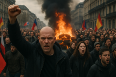 onda insatisfação toma conta: capa horizontal 16:9 sem textos, representando protestos que paralisam capitais europeias
