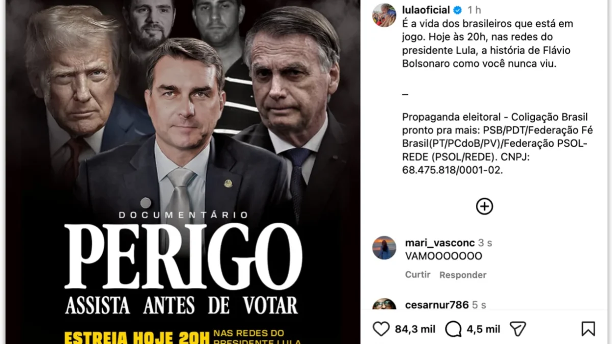 Lula surpreende e anuncia lançamento do documentário Perigo focado na trajetória política do senador e candidato Flávio Bolsonaro